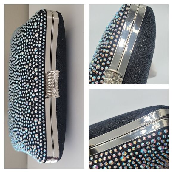 Black Clutch Bag Crystal Aurora Borealis Sparkle Silvertone Strap #551 - Picture 10 of 16
